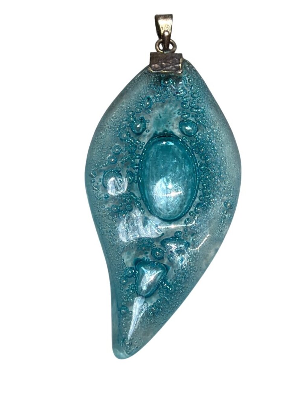 Vintage Blue Aqua Art Glass Teardrop Pendant Sterling Silver Bail Bullicante 4"